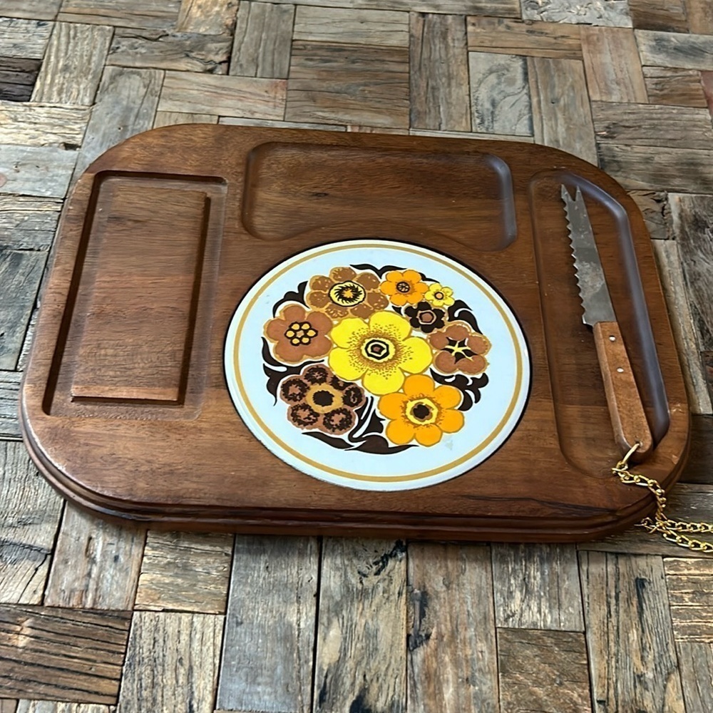 Himark Vintage 60s-70s Wooden Cheese Board Attached Knife